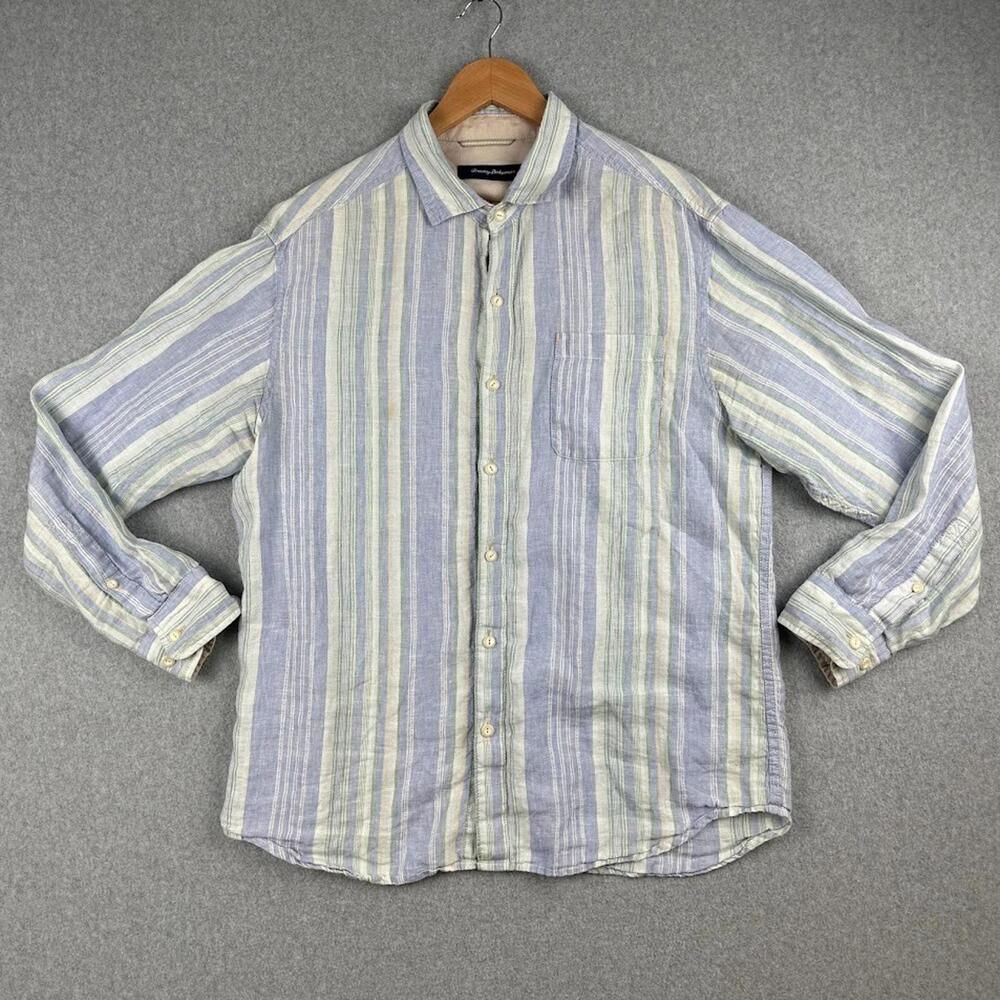 Tommy Bahama 100% Linen Button‎ Up Shirt Striped Blue Green Large Men's Shirt